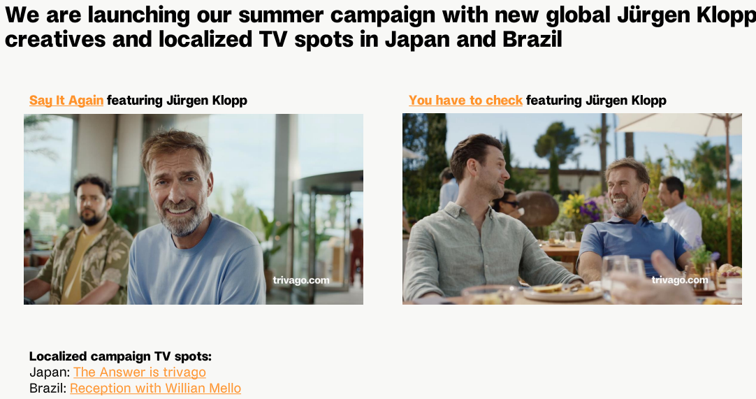 Neue Werbekampagne für den Sommer mit Jürgen Klopp; Quelle: Trivago Q1 2025