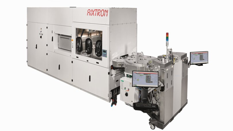 Aixtron G-10 SiC-Anlagen werden zur Herstellung von Leistungshalbleitern auf Basis von Siliziumkarbid (SiC) verwendet. Es handelt sich um sogenannte Epitaxie-Anlagen, die dünne Schichten aus SiC auf Wafern (Halbleiterscheiben) aufbringen. Diese Epitaxieschichten sind entscheidend für die Leistungsfähigkeit der späteren elektronischen Bauelemente; Quelle: Aixtron SE